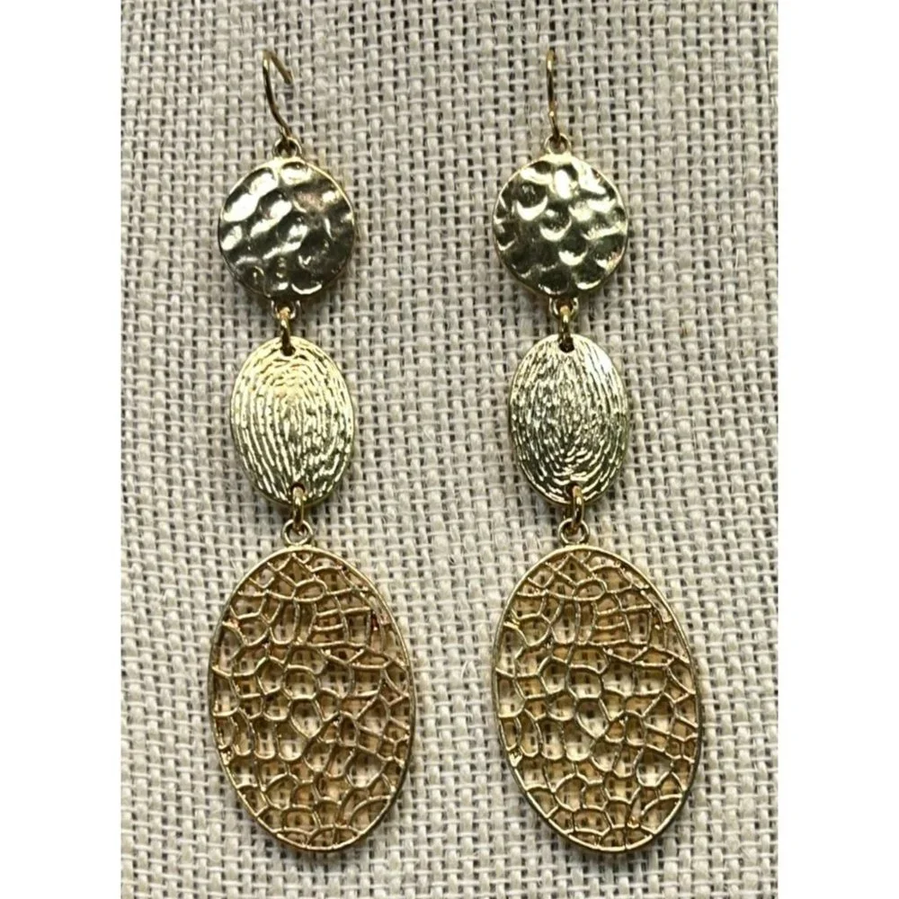 Vintage Dangle Earrings Gold Tone 3 Tiers Filagree Hammered Textured